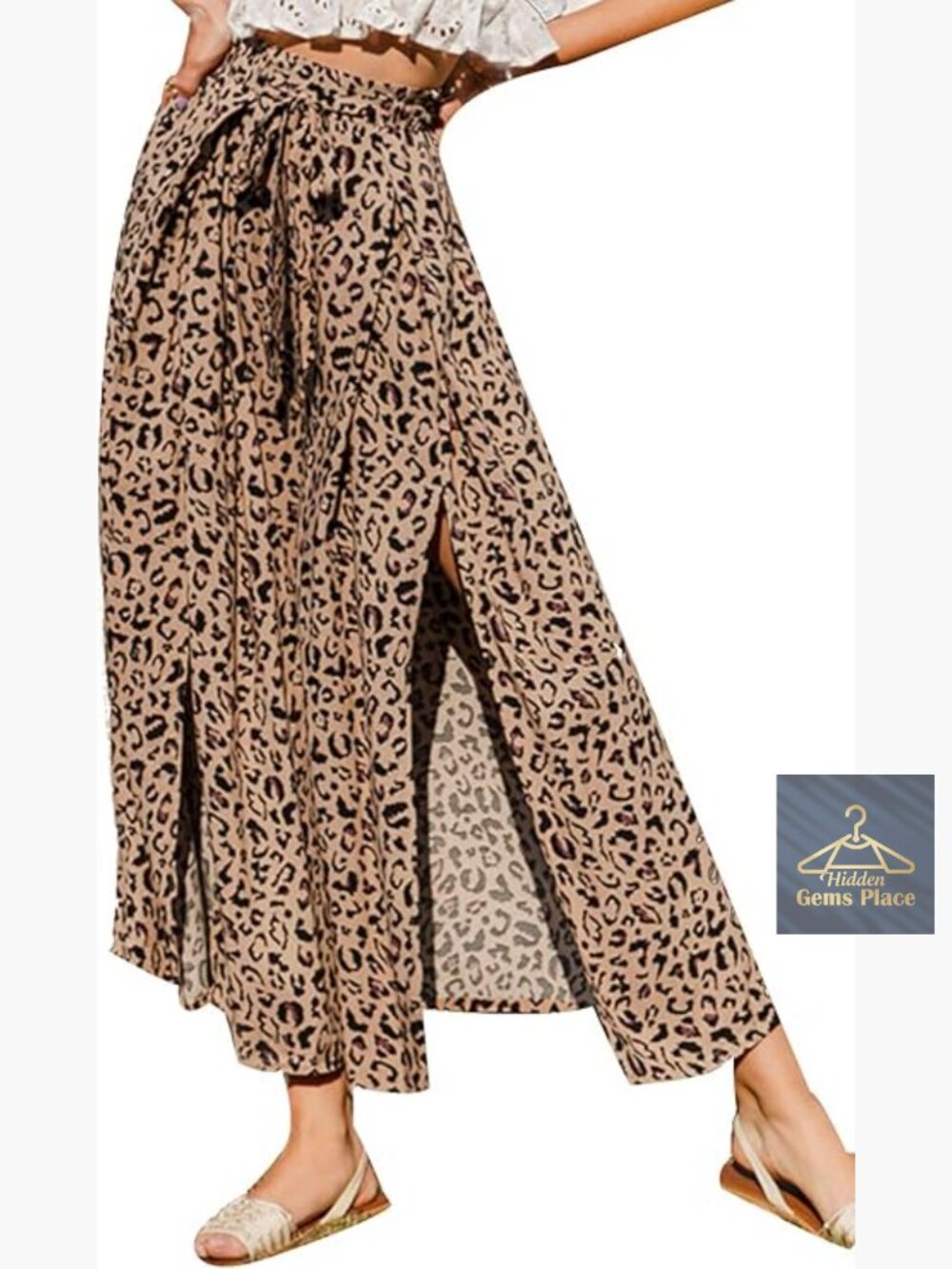 Simplee Apparel Beige Leopard Wide Leg Palazzo Pants with Tie Waist